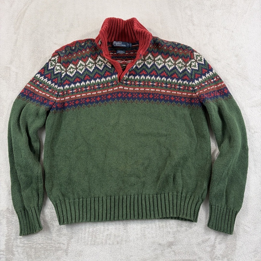 Vintage Polo Ralph Lauren Toggle Fair Isle Nordic Linen Blend Sweater Men XL